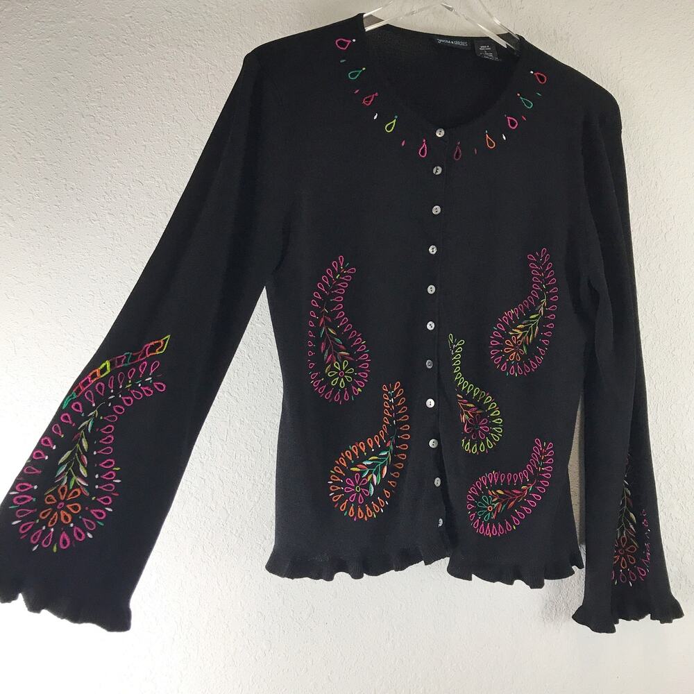 Vintage Y2K Bell Sleeve Paisley Embroidered Ruffle Trim Button Front Cardigan L